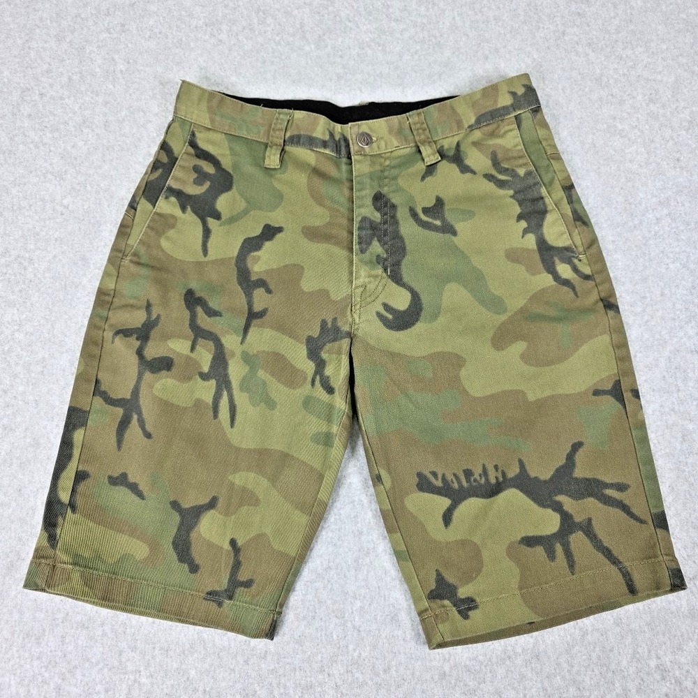 Volcom Shorts Men's Size 28 x 10" Green Camouflage Flat Front, Pockets, Stretch